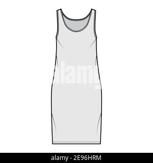 Tank Kleid technische Mode Illustration mit U-Ausschnitt, Träger, knielang, überdimensionalen Körper, Bleistift Fülle. Flache Bekleidungsvorlage vorne, grau. Frauen, Männer, Unisex CAD Mockup Stock Vektor