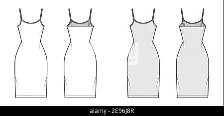 Camisole Kleid technische Mode-Illustration mit Rundhalsausschnitt, Träger, knielang, Einbaukörper, Bleistift Fülle. Flache Bekleidungsschablone vorne, hinten, weiß, grau. Frauen, Männer, Unisex CAD Mockup Stock Vektor