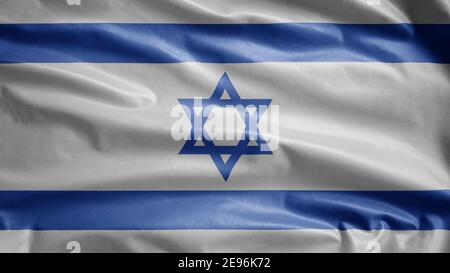 Israelische Flagge winkt im Wind. Nahaufnahme von Israel Banner weht, weiche und glatte Seide. Stoff Stoff Textur Fähnrich Hintergrund. Verwenden Sie es für nationale Stockfoto