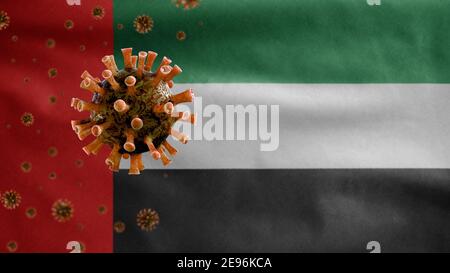 Vereinigte Arabische Emirate Flagge winken mit Coronavirus Ausbruch infiziert Atemwege als gefährliche Grippe. Influenza-Typ Covid 19-Virus mit nationalen Stockfoto