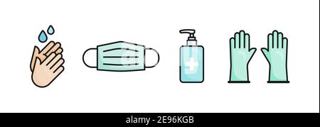 Prävention Coronavirus Umriss schwarz Symbol gesetzt. Händewaschen, medizinische Gesichtsmaske, Spender für Händedesinfektionsmittel und Einweghandschuhe. Covid-19. Vektor-Abb. Stock Vektor
