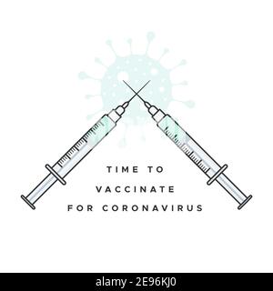 Zeit für die Impfung gegen Coronavirus. Coronavirus-Impfstoff. Zwei gekreuzte Spritzen, die den Kampf gegen das Coronavirus simulieren. Zur Prävention und Immunisierung Stock Vektor