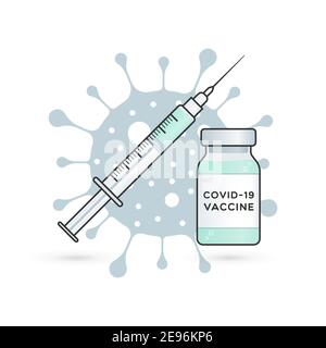 Coronavirus-Impfstoff. Fläschchen Flasche, Spritze und Coronavirus Symbol Hintergrund. Zur Prävention und Immunisierung von Covid-19. Vektorgrafik, flach Stock Vektor