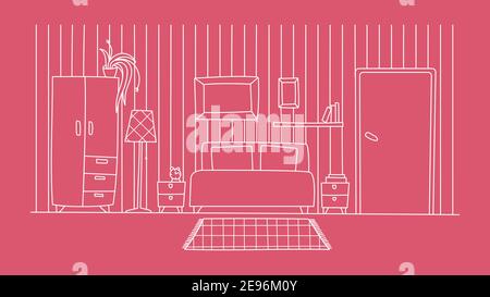 Schlafzimmer innen Wohnung einfach. Lineare Umrisse der Möbel. Monochrome Vektorgrafik. Rosa Hintergrund, weiße Linien. Stock Vektor