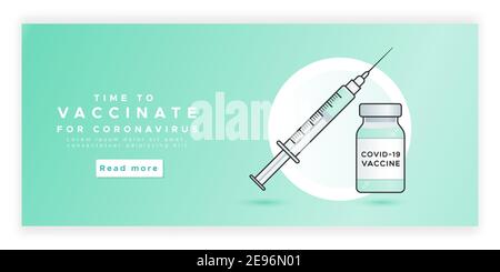 Zeit für die Impfung für Coronavirus-Website. Coronavirus-Impfstoff. Fläschchenflasche und Spritze. Zur Prävention und Immunisierung von Covid-19. Vektor illustrr Stock Vektor