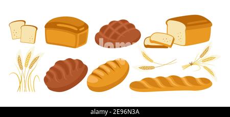 Brot Cartoon Icon Set. Backwaren Brot Laib und Ohren Weizen, und französisch Baguette, Brezel, Croissant, französisch Baguette Ciabatta. Design-Menü Bäckerei Gebäck Symbol. Symbol Moderne Vektorgrafik Stock Vektor