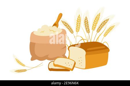 Beutel mit Mehl und Weizenohren, Brot in Scheiben geschnitten, Cartoon-Komposition. Bäckerei Haufenmehl, Goldkorn-Stacheletts. Ernte landwirtschaftliche Mehlproduktion. Brot Ernte Design Bauernhof, organische Verpackung Vektor Stock Vektor