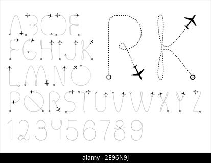 Schrift, Typ - Logo für Fluggesellschaften oder Touristen. Flug Radar Tracking gepunktete Linie fliegen Flugbahn - Start-und Zielpunkte. Stock Vektor