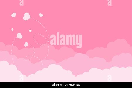 Liebe romantische Panorama-Grenze von Rosenhimmel in Cartoon-Stil mit fliegenden Herzen. Hintergrund für Valentinstag mit Platz für Text. Rosa Wolken mit 2-in-1-Effekt. Ideal für Banner. Vektorgrafik Stock Vektor