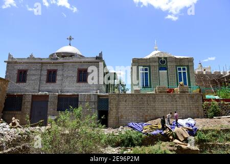 Kirchen, die an geheimen Orten die Bundeslade in Aksum, Äthiopien, unterbringen. Stockfoto