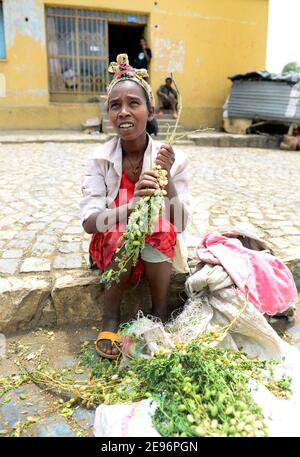 Eine Tigrayan Frau verkauft frische grüne Kichererbsen auf dem Markt in Aksum, Äthiopien. Stockfoto