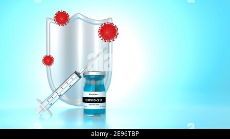 Abbildung einer Flasche mit einem Impfstoff gegen das Covid-19 Coronavirus, einer Spritze und einem Schild. Medizinisches Konzept der SARS-Cov-2-Impfung. 3D Rendern Stockfoto