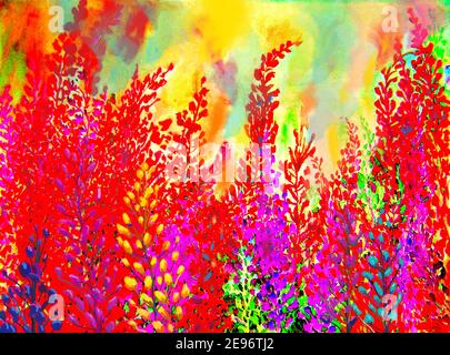 Aquarell Malerei bunt von abstrakten Blumen und grünen Blättern in weißem Hintergrund. Stockfoto