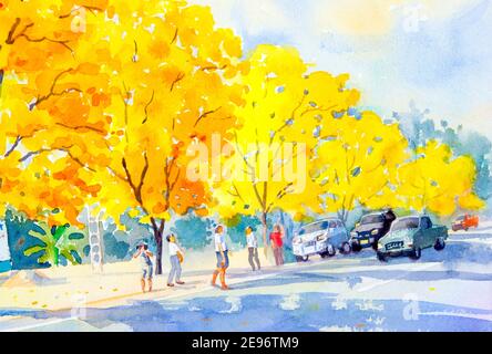 Aquarell Malerei Original Landschaft gelb, orange Farbe der goldenen Baumblumen mit dem Touristen in Himmel und Wolke Hintergrund Stockfoto