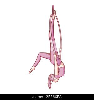 Aerial weibliche Turnerin im Reifen. Aerial Gymnastik Kraft iproving Pose. Farbige Skizzenvektordarstellung isoliert auf weißem Hintergrund Stock Vektor