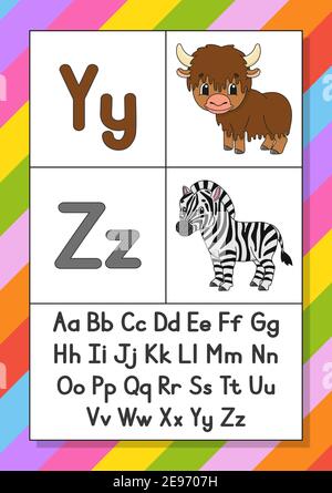 Englisches Alphabet mit Zeichentrickfiguren. Flash-Karten. Vektorset. Helle Farben. Lerne ABC. Klein- und Großbuchstaben. Stock Vektor