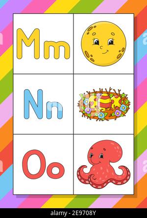 Englisches Alphabet mit Zeichentrickfiguren. Flash-Karten. Vektorset. Helle Farben. Lerne ABC. Klein- und Großbuchstaben. Stock Vektor
