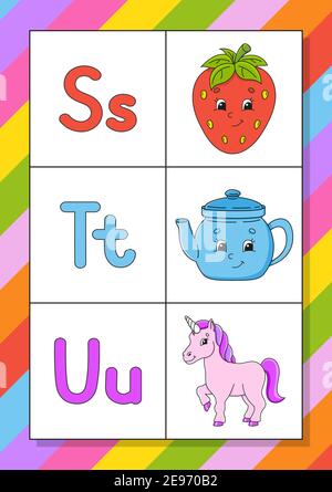 Englisches Alphabet mit Zeichentrickfiguren. Flash-Karten. Vektorset. Helle Farben. Lerne ABC. Klein- und Großbuchstaben. Stock Vektor
