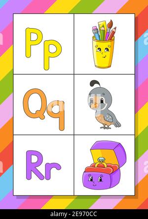 Englisches Alphabet mit Zeichentrickfiguren. Flash-Karten. Vektorset. Helle Farben. Lerne ABC. Klein- und Großbuchstaben. Stock Vektor
