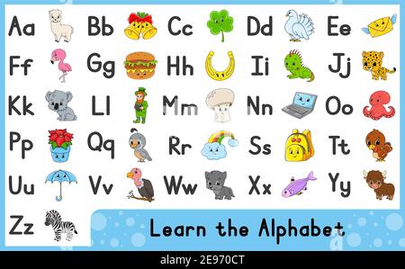 Englisches Alphabet mit Zeichentrickfiguren. Vektorset. Helle Farben. Lerne ABC. Klein- und Großbuchstaben. Stock Vektor