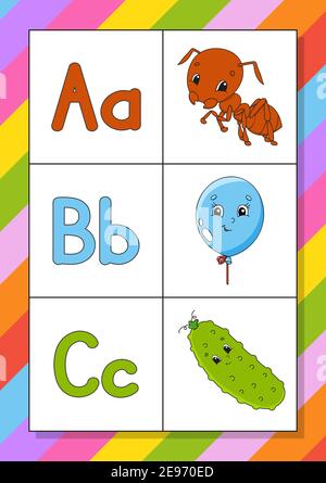 Englisches Alphabet mit Zeichentrickfiguren. Flash-Karten. Vektorset. Helle Farben. Lerne ABC. Klein- und Großbuchstaben. Stock Vektor