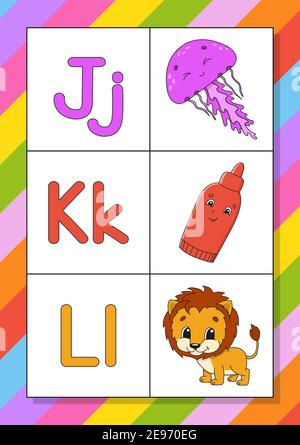 Englisches Alphabet mit Zeichentrickfiguren. Flash-Karten. Vektorset. Helle Farben. Lerne ABC. Klein- und Großbuchstaben. Stock Vektor