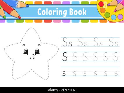 Schreiben von Buchstaben - S. Seite „Tracing“. Übungsblatt. Arbeitsblatt für Kinder. Malbuch. Alphabet lernen. Niedliche Charaktere. Vektorgrafik. Cartoon st Stock Vektor