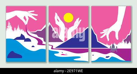 Berge, Bäume, Pflanzen, Sonne, Meer, Boot. Hände schaffen. Set aus drei handgezeichneten trendigen Illustrationen. Coole Hintergründe. Papierschnitt. Hände Showi Stock Vektor