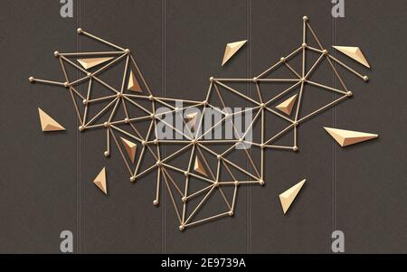 3D geometrische Illustration, beige Punkte durch Linien verbunden und beige Dreiecke auf braunem Textilhintergrund Stockfoto