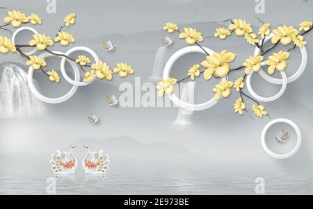 3D Illustration, grauer abstrakter Landschaftshintergrund mit Wasserfällen, große gelbe Magnolienblüten an den Ästen und weiße Ringe, ein Paar Keramik Stockfoto