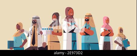 arabisches Team von medizinischen Fachkräften arabische Ärzte in Uniform stehen Zusammen Medizin Gesundheitswesen Konzept horizontale Porträt Vektor Illustration Stock Vektor
