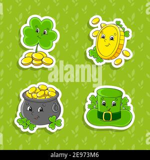 Set von hellen Farben Aufkleber für Kinder. St. Patrick's Day. Niedliche Comic-Figuren. Vektordarstellung auf farbigem Hintergrund isoliert. Stock Vektor