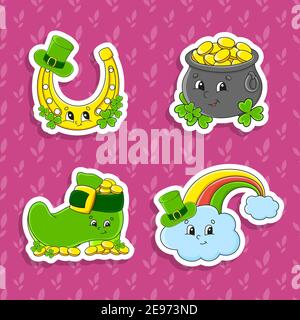 Set von hellen Farben Aufkleber für Kinder. St. Patrick's Day. Niedliche Comic-Figuren. Vektordarstellung auf farbigem Hintergrund isoliert. Stock Vektor