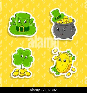 Set von hellen Farben Aufkleber für Kinder. St. Patrick's Day. Niedliche Comic-Figuren. Vektordarstellung auf farbigem Hintergrund isoliert. Stock Vektor
