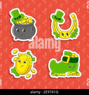 Set von hellen Farben Aufkleber für Kinder. St. Patrick's Day. Niedliche Comic-Figuren. Vektordarstellung auf farbigem Hintergrund isoliert. Stock Vektor