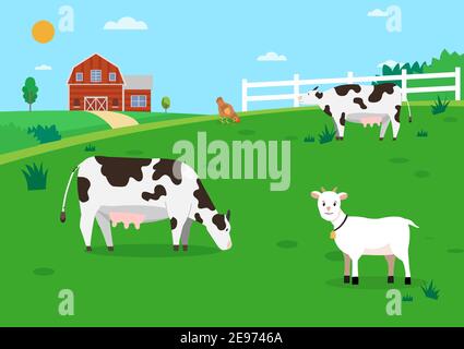 Naturhof mit Tier.Farmland mit Kühen und Henne.ländliche Farmszene flaches Design.Öko-Bauernhof mit Tier. Stock Vektor