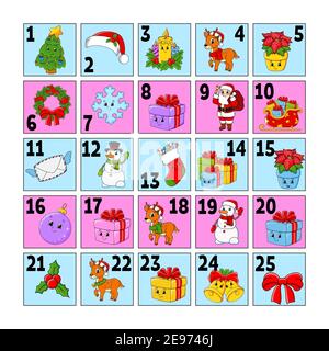 Weihnachts-Adventskalender mit niedlichen Charakteren. weihnachtsmann, Hirsch, Schneemann, Tannenbaum, Schneeflocke, Geschenk, Kugel, Socke. Cartoon-Stil. Mit den Zahlen 1 bis Stock Vektor