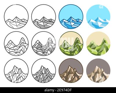 Mountain Line Art Polygon Vektorgrafik. Linear, Schatten, farbige Linie, flache Stile. Design in runder Form und Kopierraum für Dekoration und Logo de Stock Vektor