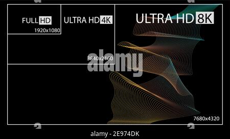 Symbole für Schwarz, Weiß und Gold für Video- oder Bildschirmauflösung. Einstellung von 1080p bis 8k. 8K UHD ist die höchste Auflösung, die im Standard Rec. 2020 definiert ist. Stock Vektor