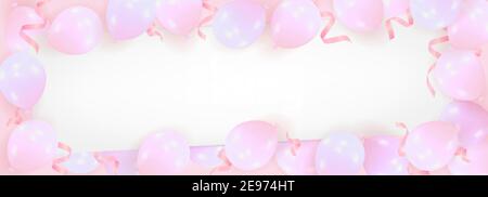 Rosa Hintergrund aus realistischen Luftballons mit einem leeren Blatt Papier. Vorlage für die Feier von Happy Birthday, Valentinstag, Hochzeit Stock Vektor