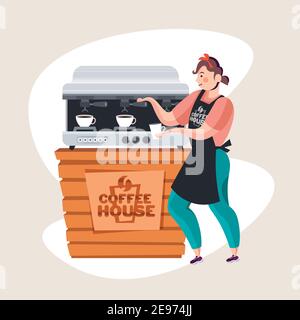 Weibliche Barista in Uniform, die Kaffee mit der Kaffeemaschine zubereitet Zähler in Café volle Länge Vektor-Illustration Stock Vektor