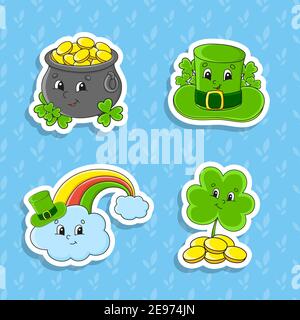 Set von hellen Farben Aufkleber für Kinder. St. Patrick's Day. Niedliche Comic-Figuren. Vektordarstellung auf farbigem Hintergrund isoliert. Stock Vektor