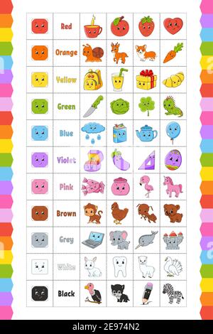 Farben lernen für Kinder. Schneiden und spielen. Niedliche Comic-Figuren. Bildset für Vorschulkinder. Arbeitsblatt zum Bildungswesen. Vektorgrafik. Stock Vektor