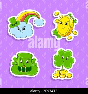 Set von hellen Farben Aufkleber für Kinder. St. Patrick's Day. Niedliche Comic-Figuren. Vektordarstellung auf farbigem Hintergrund isoliert. Stock Vektor
