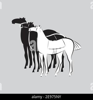 Drei sattelförmige stehende Pferde. Schwarz-weiße Hengste-Silhouetten auf grauem Hintergrund. Minimalistischer Style. Pferdelogo. Designidee für Stall, Bauernhof Stock Vektor