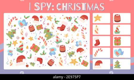 Ich spioniere Spiel. Pädagogische Unterhaltung für Vorschule und jüngere Schulzeit. Weihnachtsfeiertage. Winterunterhaltung. Flacher Cartoon-Stil. Wie viele Elemente Stock Vektor