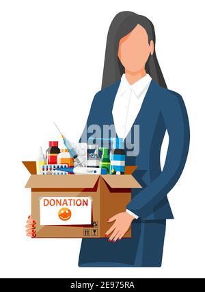 Frau und Karton voller Drogen. Benötigte Gegenstände für Spenden. Verschiedene Pillen Flaschen, Gesundheitswesen, Apotheke. Medizinisches Medikament Vitamin Antibiotikum. Spenden Sie wohltätige Zwecke, Dank. Flache Vektorgrafik Stock Vektor