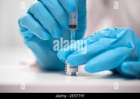 Der Arzt wählt den Impfstoff in eine Spritze Stockfoto