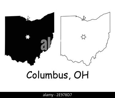 Ohio OH State Karte USA mit Capital City Star in Columbus. Schwarze Silhouette und Umriss isoliert auf weißem Hintergrund. EPS-Vektor Stock Vektor