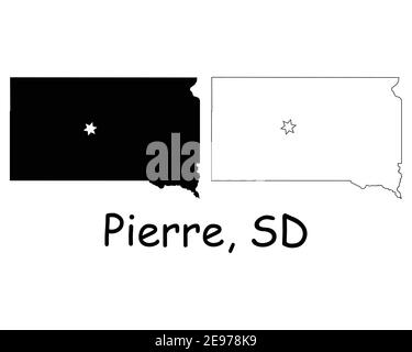 South Dakota SD State Map USA mit Capital City Star bei Pierre. Schwarze Silhouette und umreißen isolierte Karten auf weißem Hintergrund. EPS-Vektor Stock Vektor